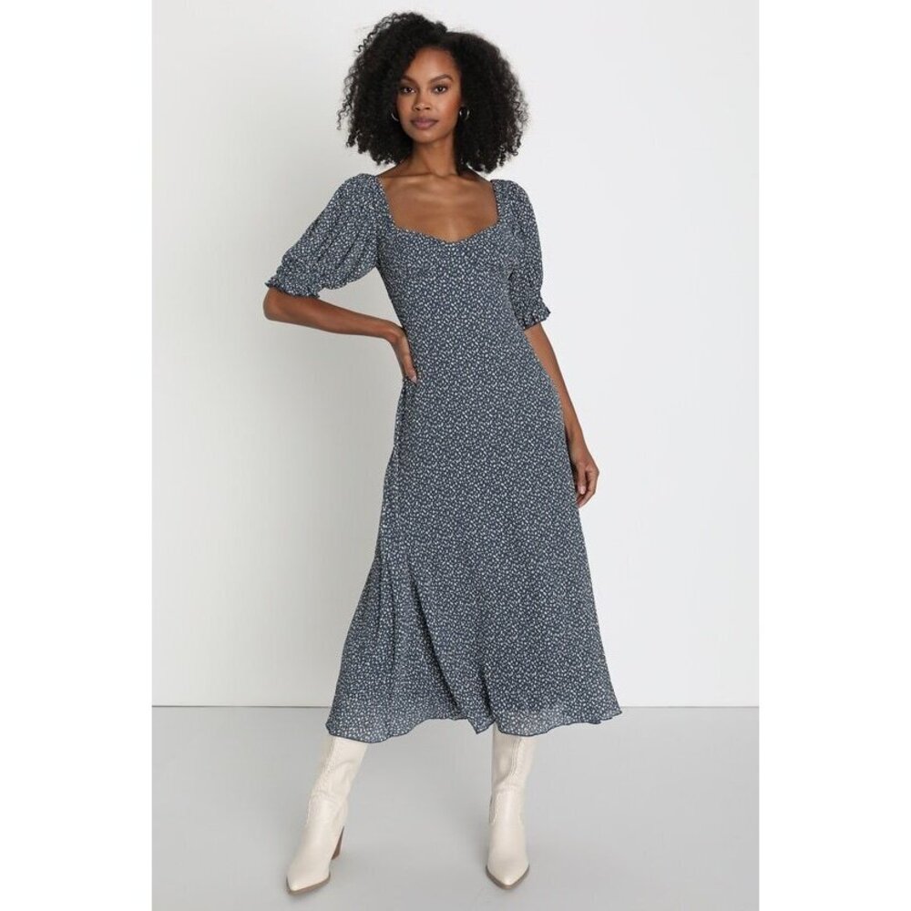 Perfect Aura Blue Floral Print Plisse Tie-Back Midi Dress